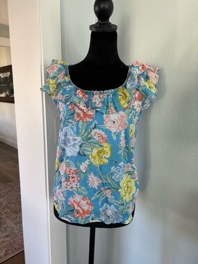LOFT Blue Floral Ruffle Scoop Neck Blouse cottage coquette XXSP cotton